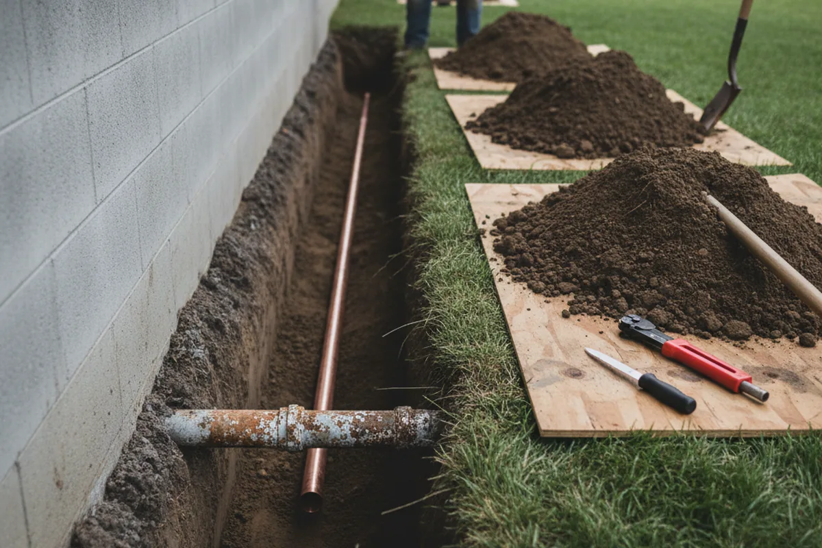 Excavated water line trench during Water Softener Installation in Wartrace